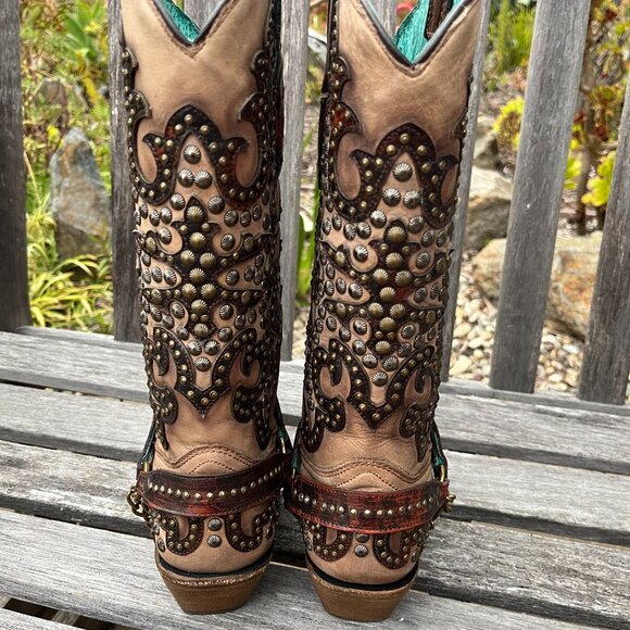 Corral Women's Sand/Overlay w/ Studs Brown Leather Boots!  Gorgeous! Size 7 1/2 - Picture 6 of 16